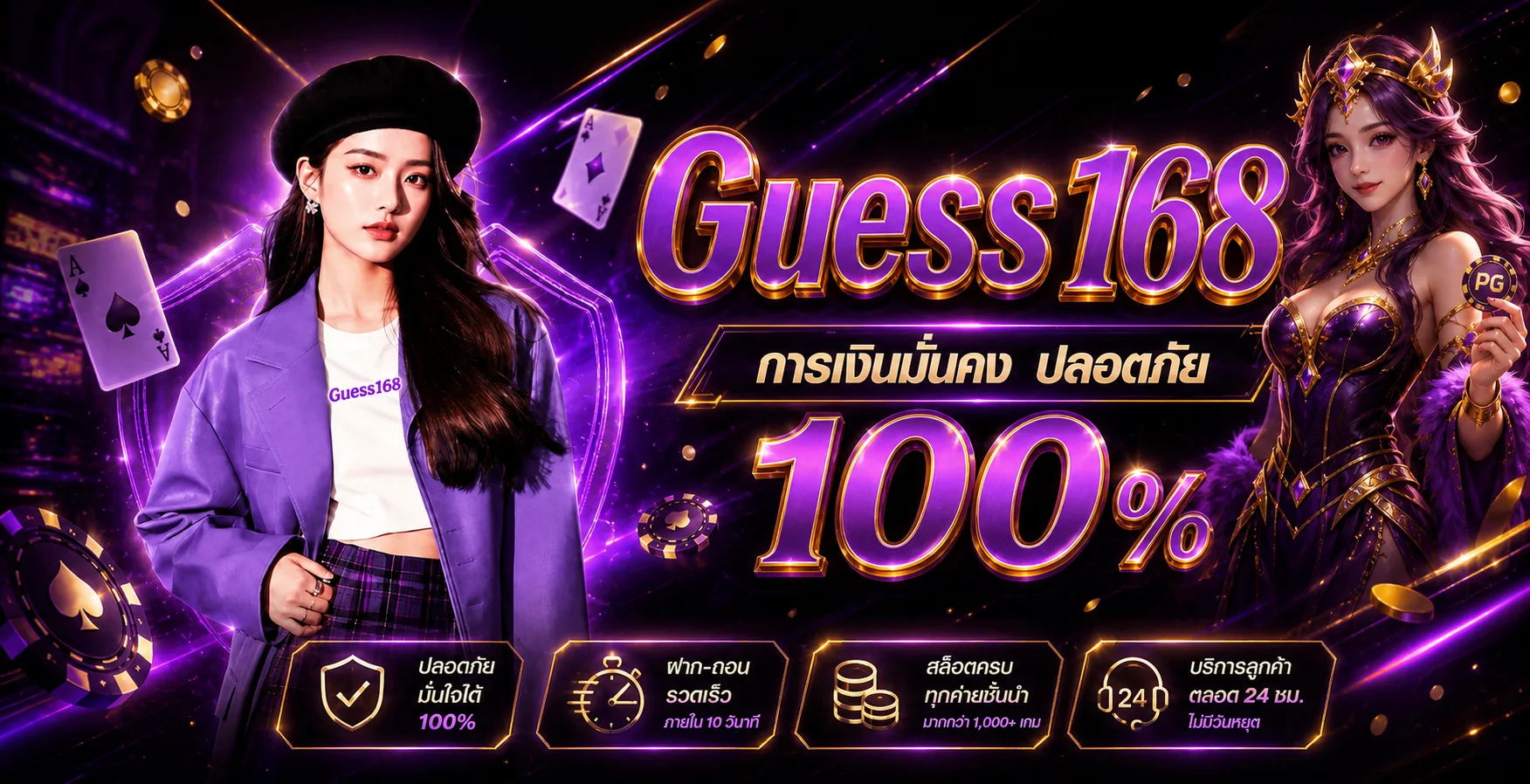 แบนเนอร์ Guess168 คาสิโนออนไลน์โทนม่วงทองพร้อมตัวละครเกม